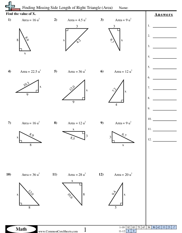 Area & Perimeter Worksheets - Finding Missing Side Length of Right Triangle (Area) worksheet